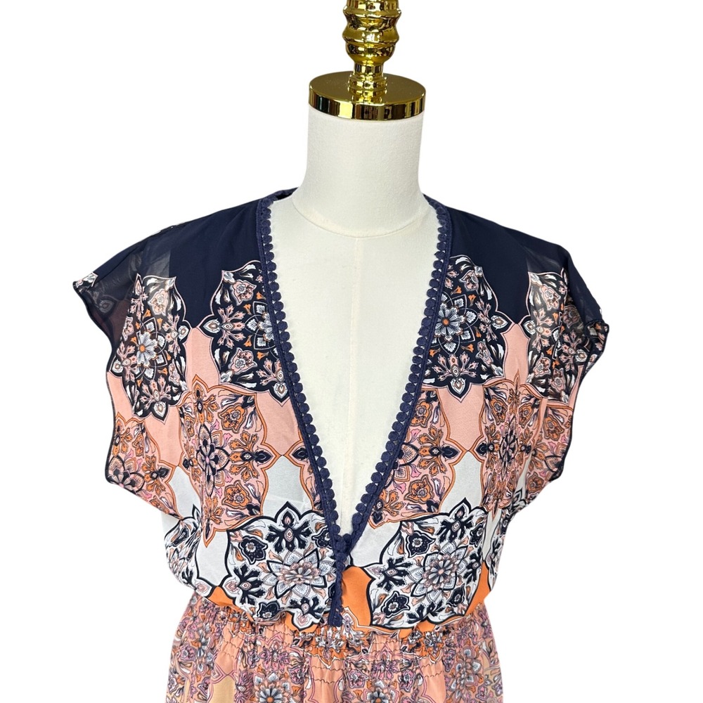 Enfocus Studio Women Navy Orange Medallion Print V-Neck Maxi Dress Size 10 - Picture 3 of 7